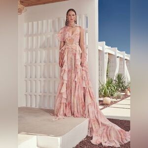 Pleated Floral Print Chiffon Jumpsuit and Cape